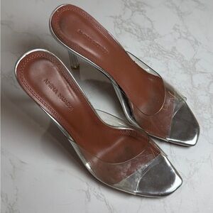 Amina Muaddi Silver and Clear Heels